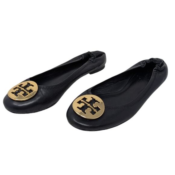 Tory Burch Minnie Black Leather Ballet Flats Gold Logo Size 7 - Picture 4 of 7